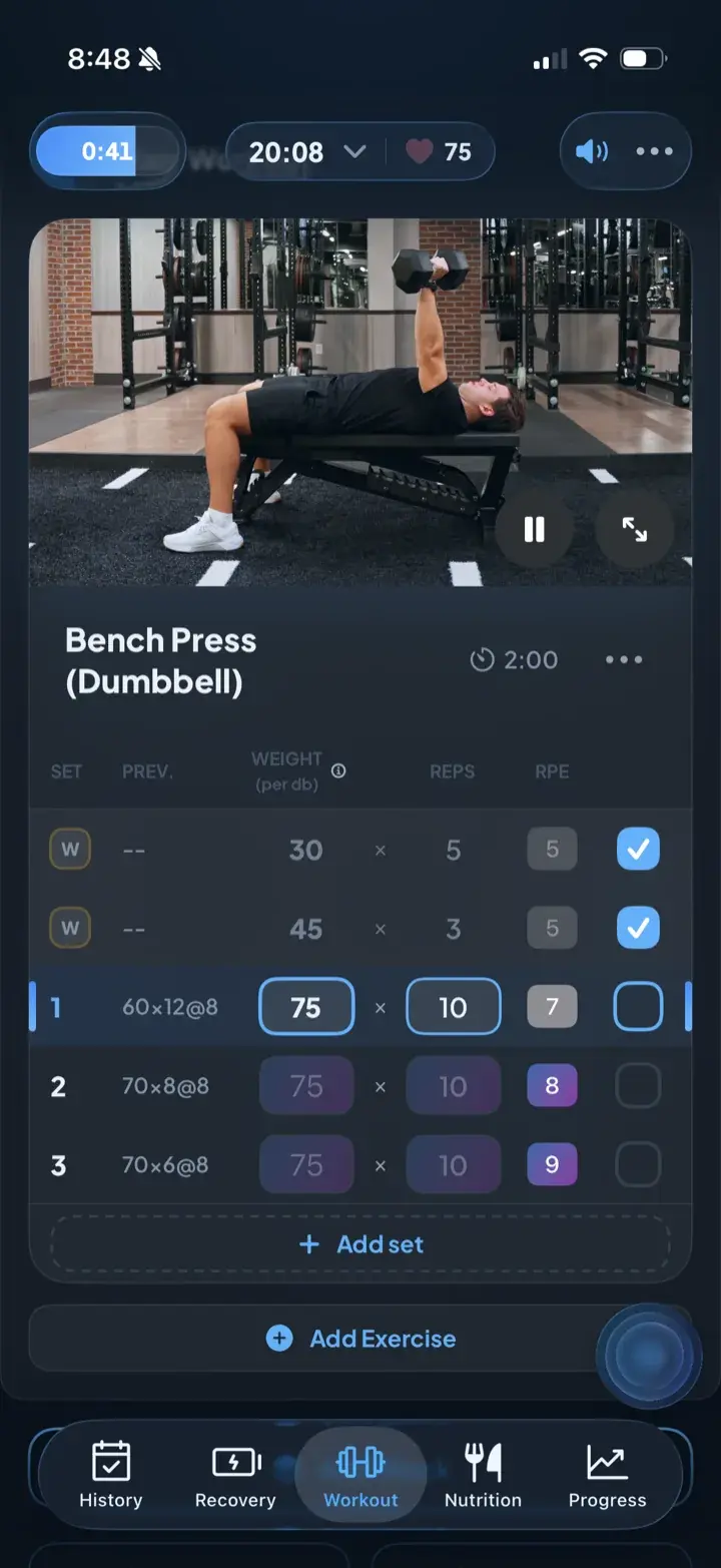 Live workout in Iridium: dumbbell bench press with video and set logging