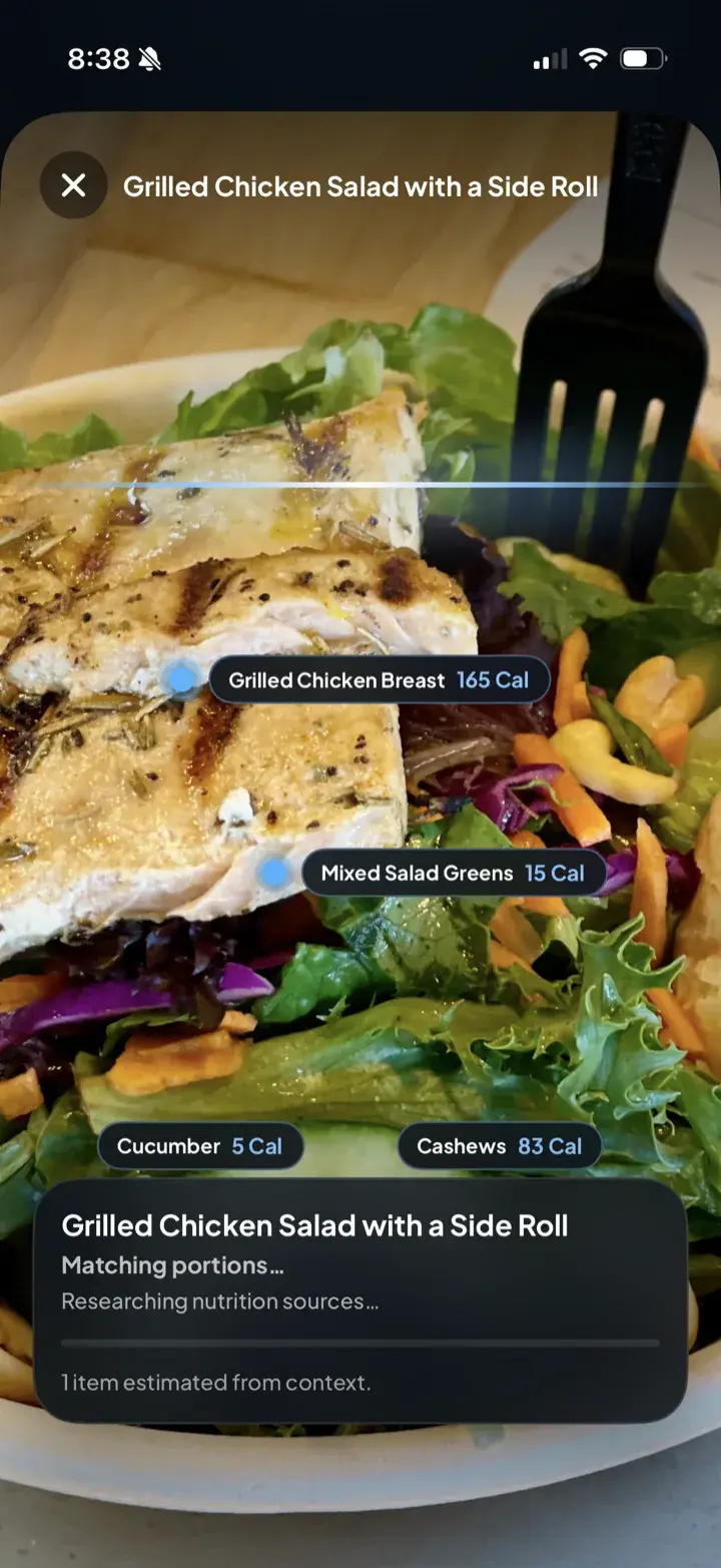 AI meal scanner identifying grilled chicken salad items with calorie labels