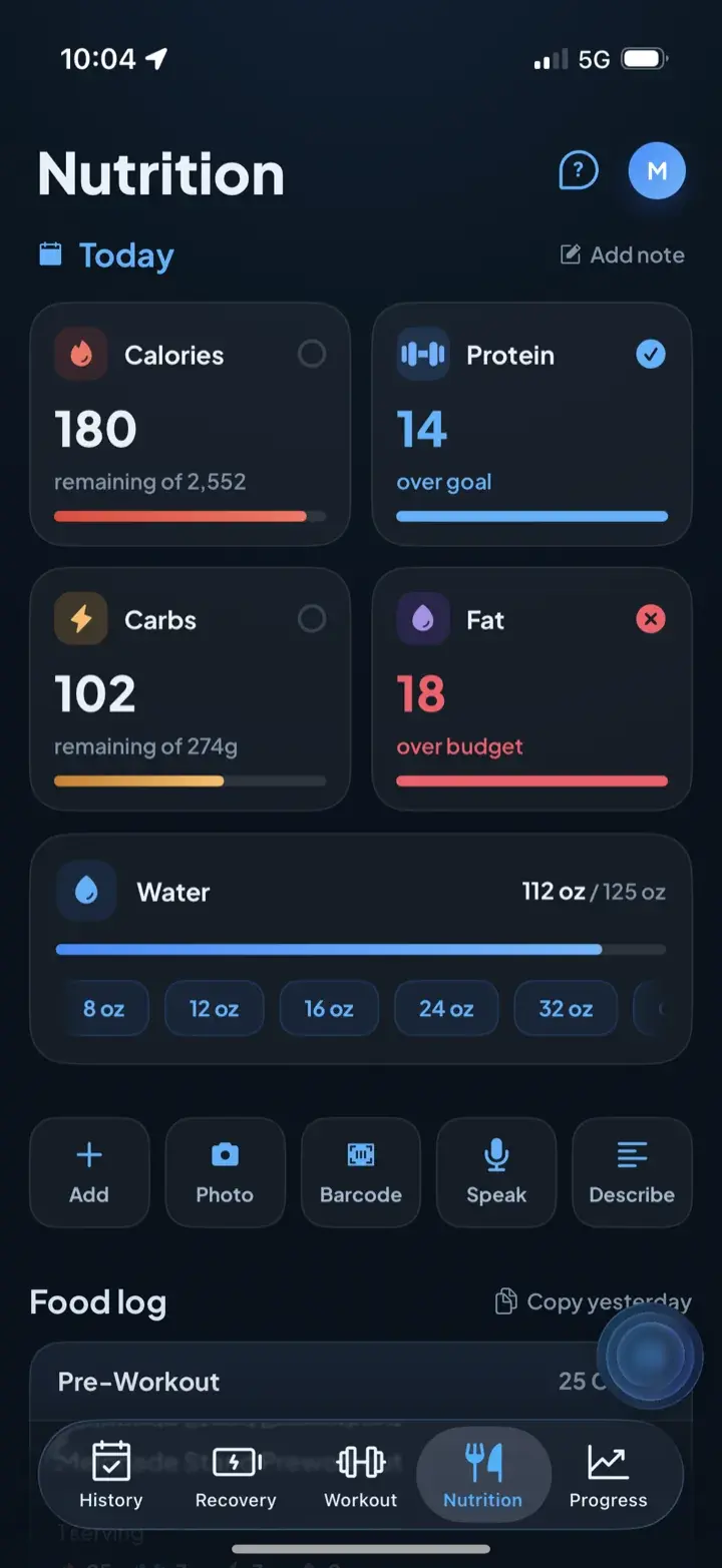 Iridium nutrition dashboard with calories, macros and water tracking