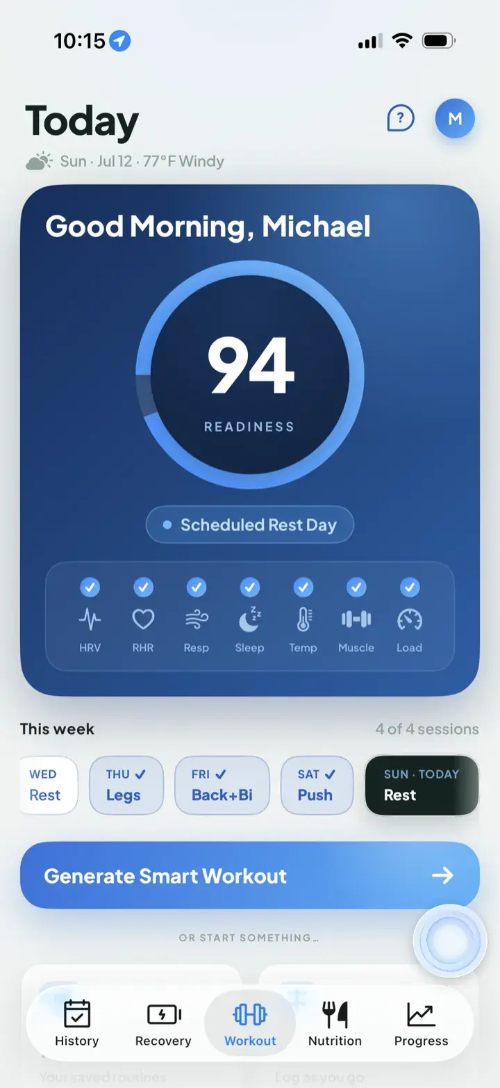 Iridium’s Today screen with a 94 readiness score and all seven recovery signals