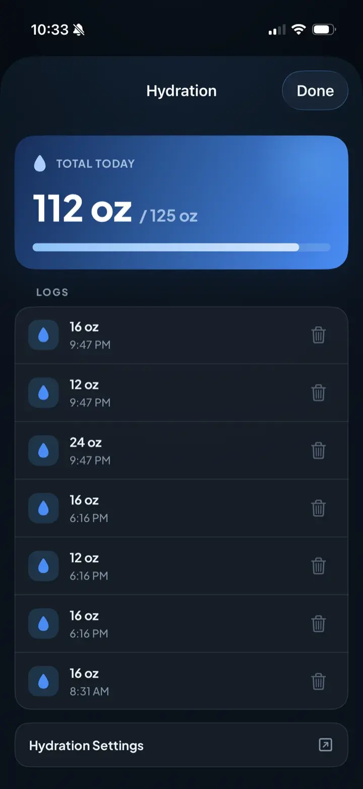 Hydration tracking screen with daily total and logged water entries